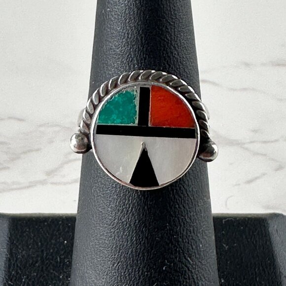 Early Vintage Native American Zuni Kachina Sun God Ring Inlaid Gemstones - Picture 8 of 8